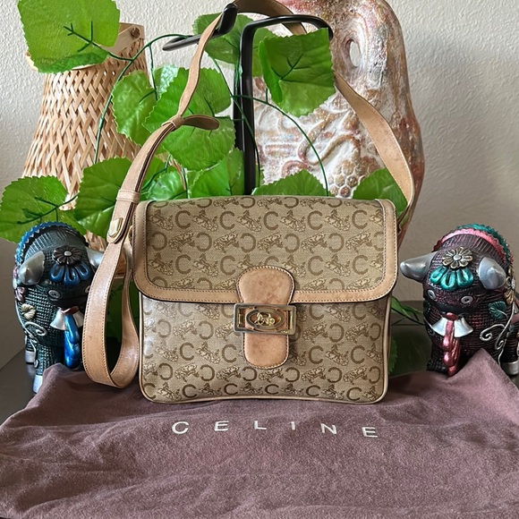 Celine Tan Monogram Shoulder Bag Auth Horse Old Logo Vintage Macadam Celine - Picture 1 of 16